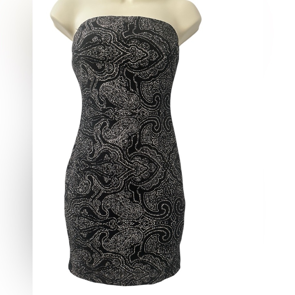 Monaco Black Strapless Mini Dress S Sparkly Metallic Paisley Print Bodycon